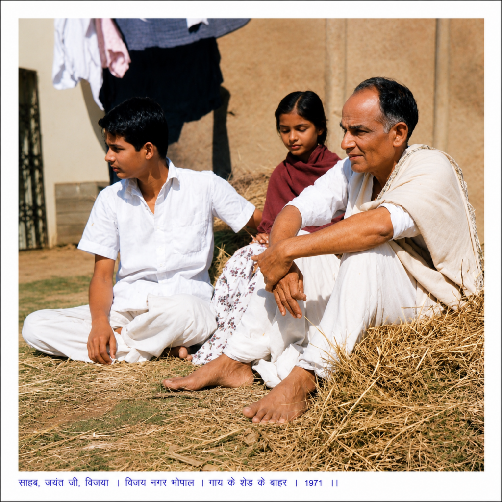 Sahab, Jayant Ji, and Vijaya — Vijay Nagar, Bhopal — outside the cow shed — 1971.