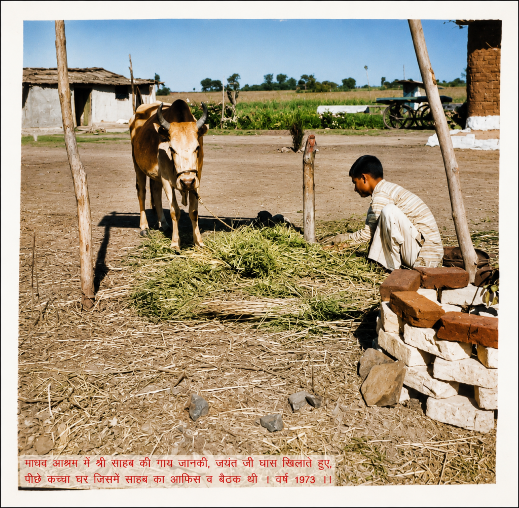 At Madhav Ashram, Shri Sahabs cow ,Janaki ,Jayant Ji feeding her grass in the background is a mud house which served as Saheb’s office and meeting place. Year 1973.