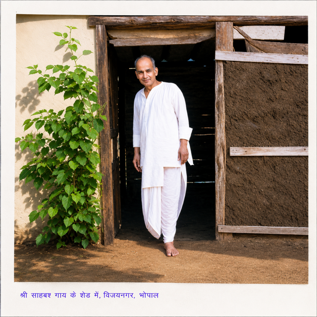 Shri Sahab in the cow shed at Vijay Nagar, Bhopal.